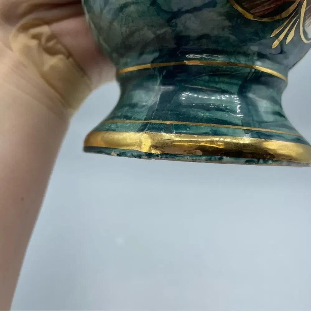 Vintage Hand Painted Peacock Ornate Vase Decor Green Teal Gold Porcelain